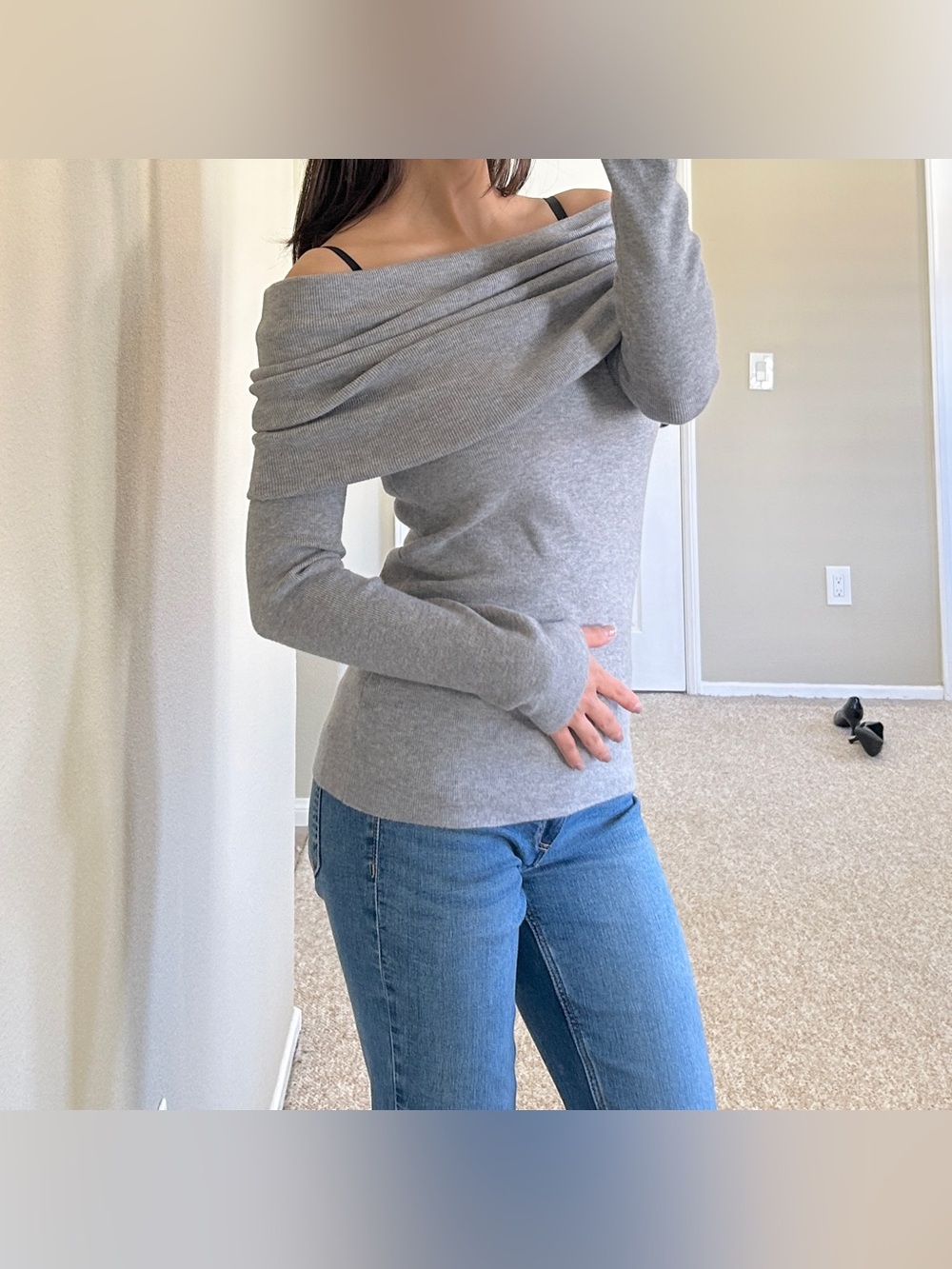 NWOT ZARA Grey Off Shoulder Knit Jumper Sweater Top